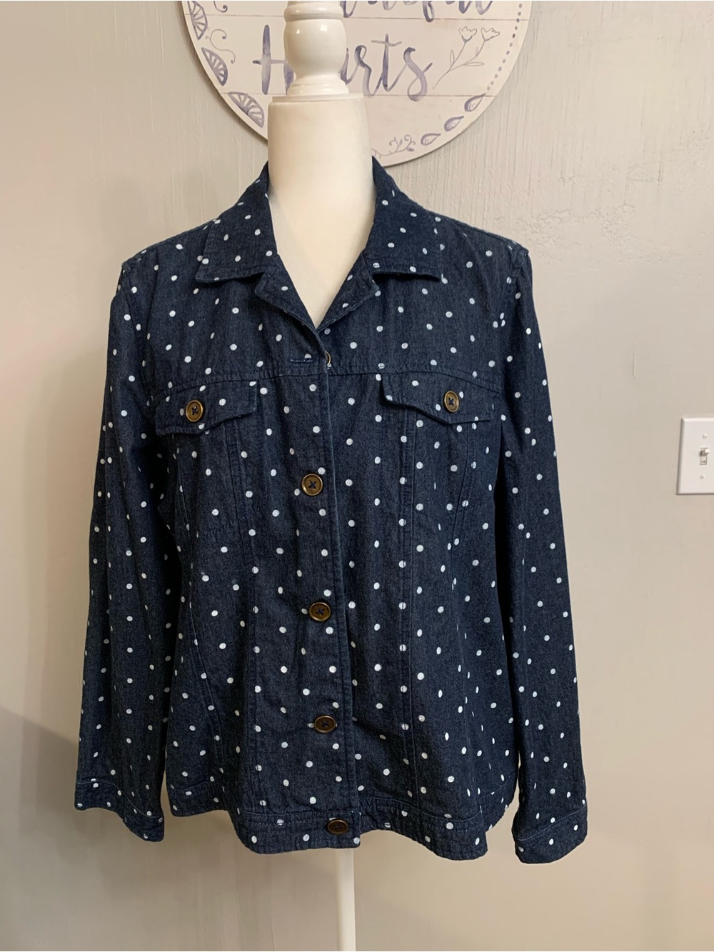 Polka Dot Navy Denim Blazer Jacket - Classic Button-Front